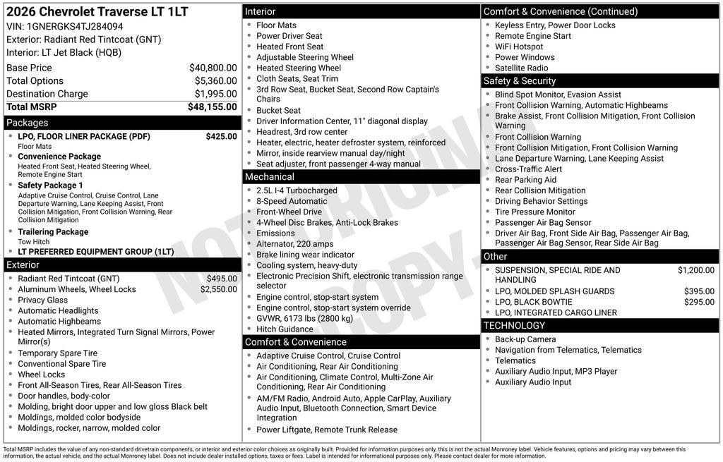 New 2026 Chevrolet Traverse LT w/ LPO, Floor Liner Package FWD image 10