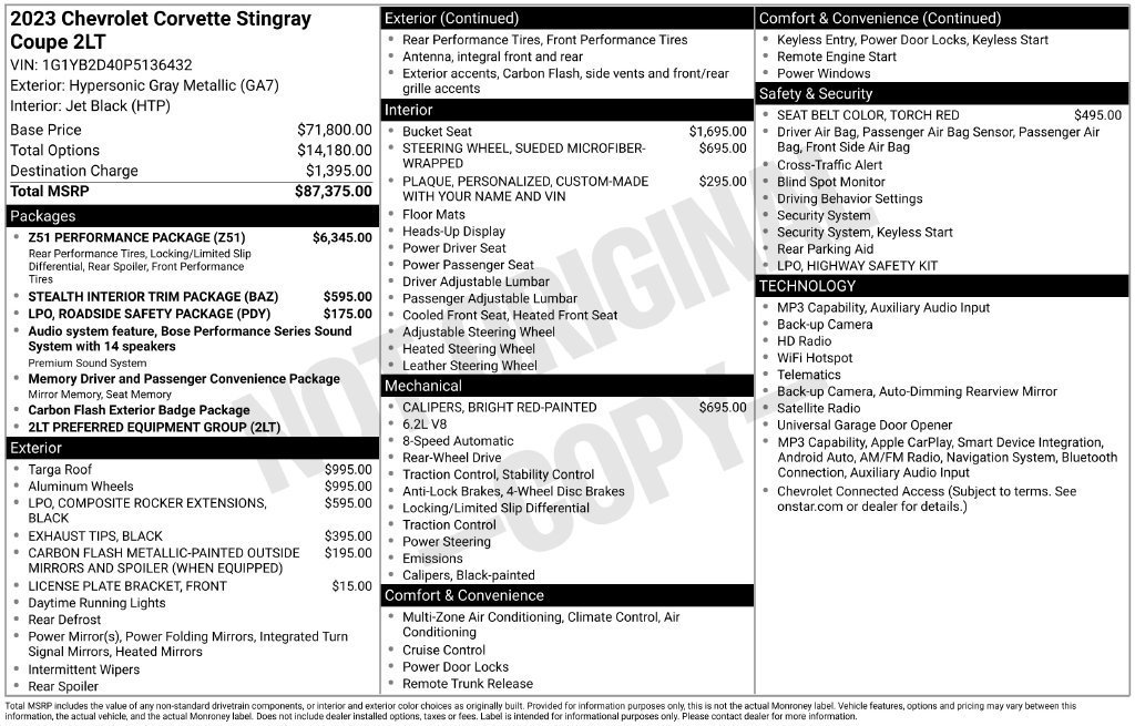 Used 2023 Chevrolet Corvette Stingray Preferred Cpe w/ Z51 Performance Package RWD image 2