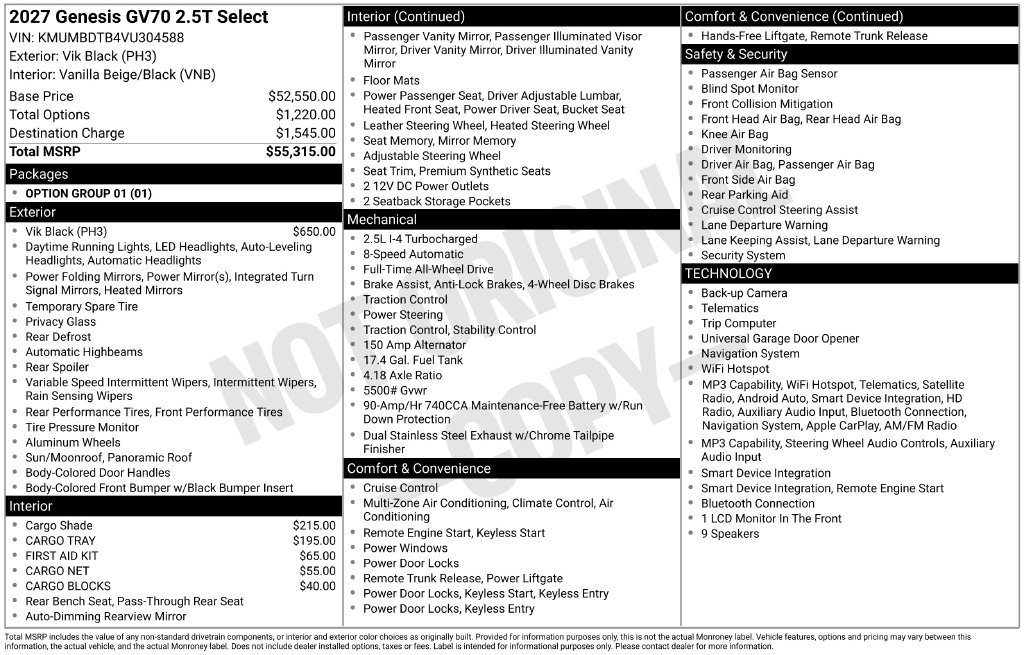 New 2027 Genesis GV70 2.5T Select AWD/4WD image 16