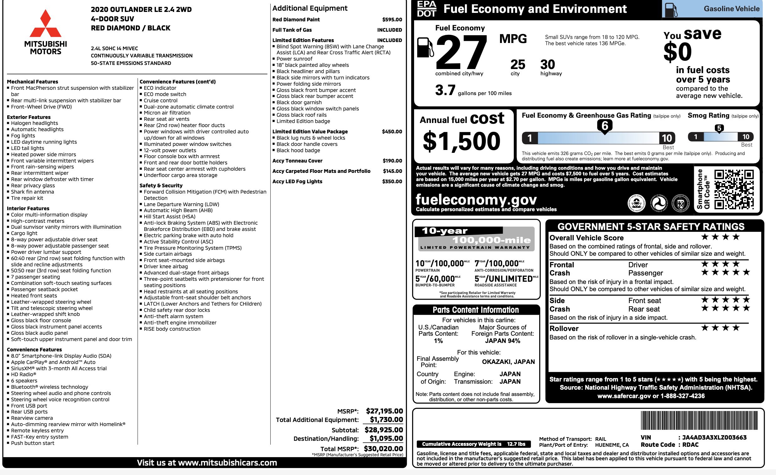 Used 2020 Mitsubishi Outlander LE FWD image 3
