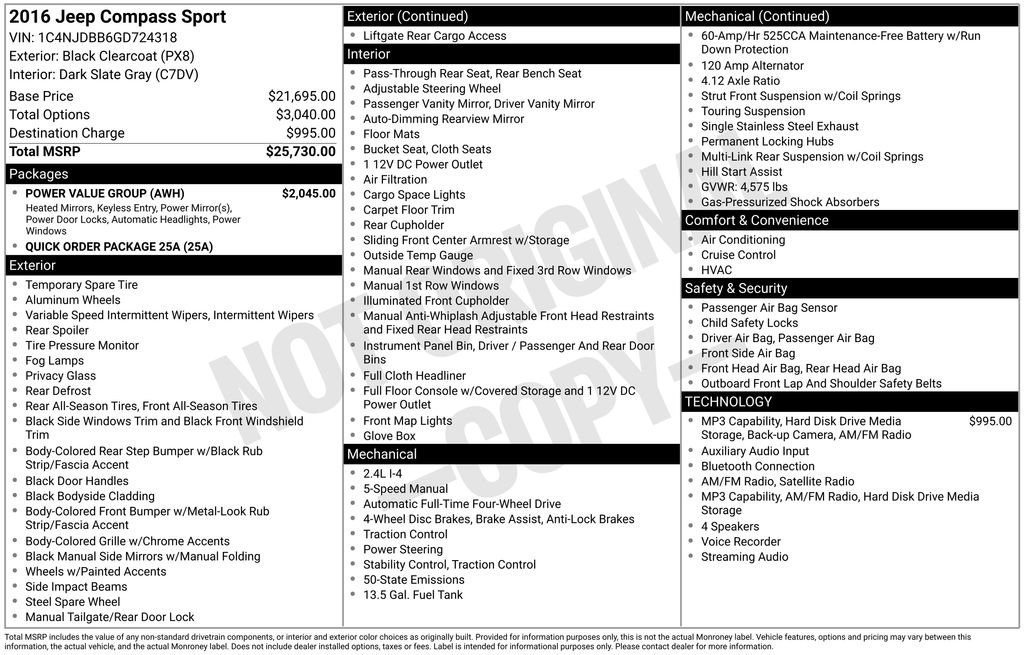 Used 2016 Jeep Compass Sport w/ Power Value Group AWD/4WD image 33