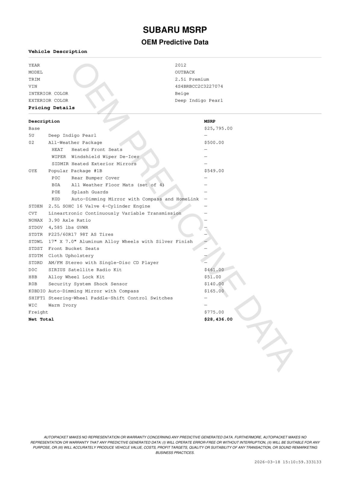 Used 2012 Subaru Outback 2.5i Premium w/ Popular Pkg 1B image 11