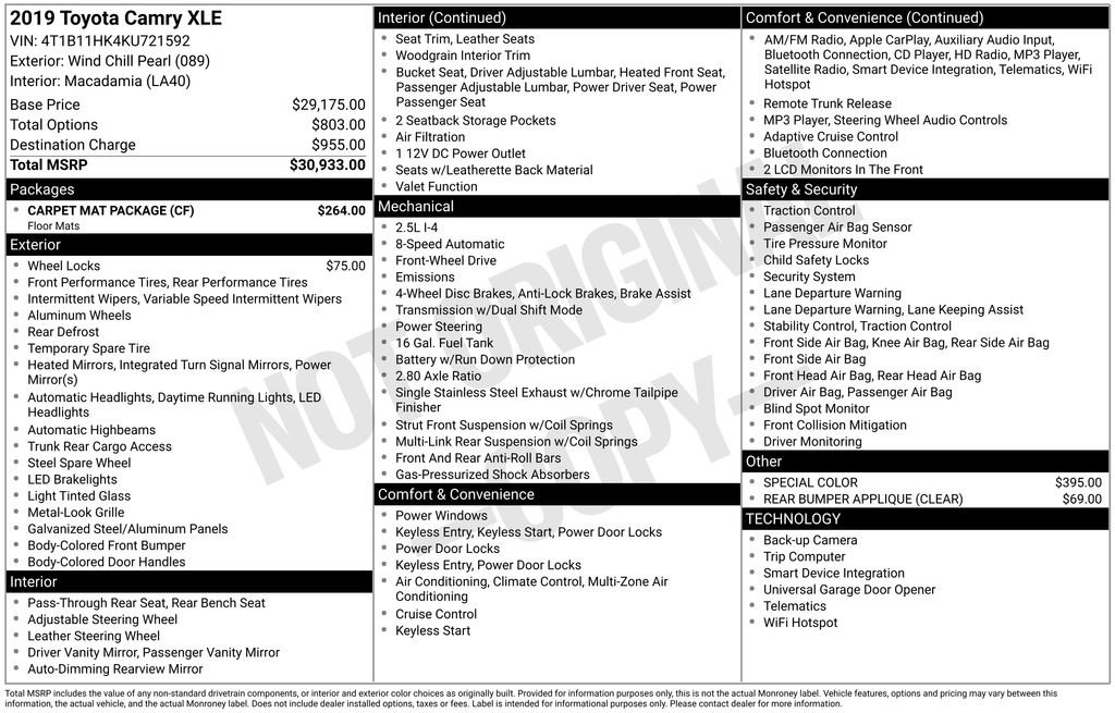 Used 2019 Toyota Camry XLE w/ Carpet Mat Package FWD image 17