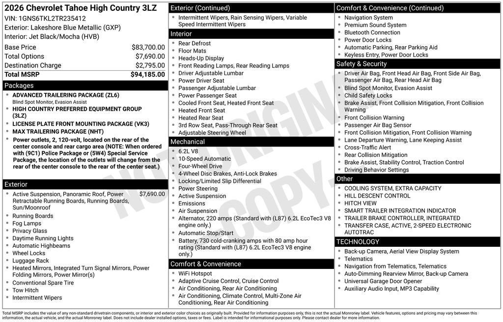 New 2026 Chevrolet Tahoe High Country AWD/4WD image 6