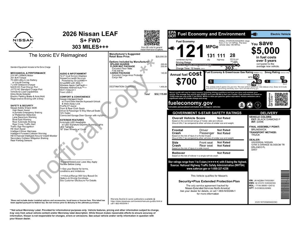New 2026 Nissan Leaf w/ Floor Mat Package (S+) image 5