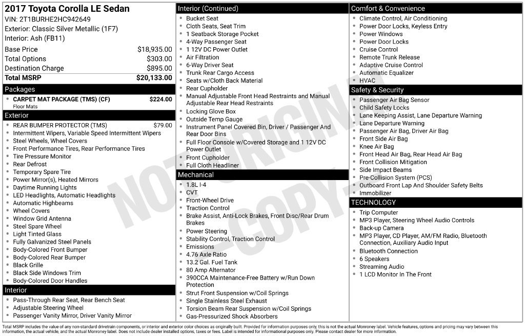 Used 2017 Toyota Corolla LE w/ Carpet Mat Package (TMS) FWD image 8