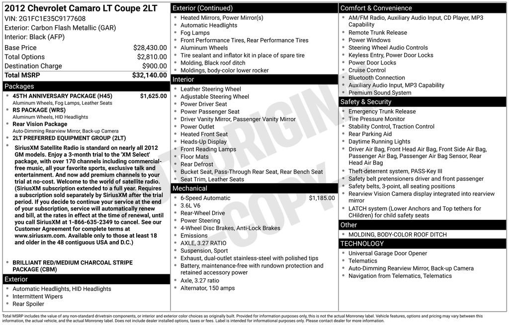 Used 2012 Chevrolet Camaro LT w/ 45th Anniversary Package image 6