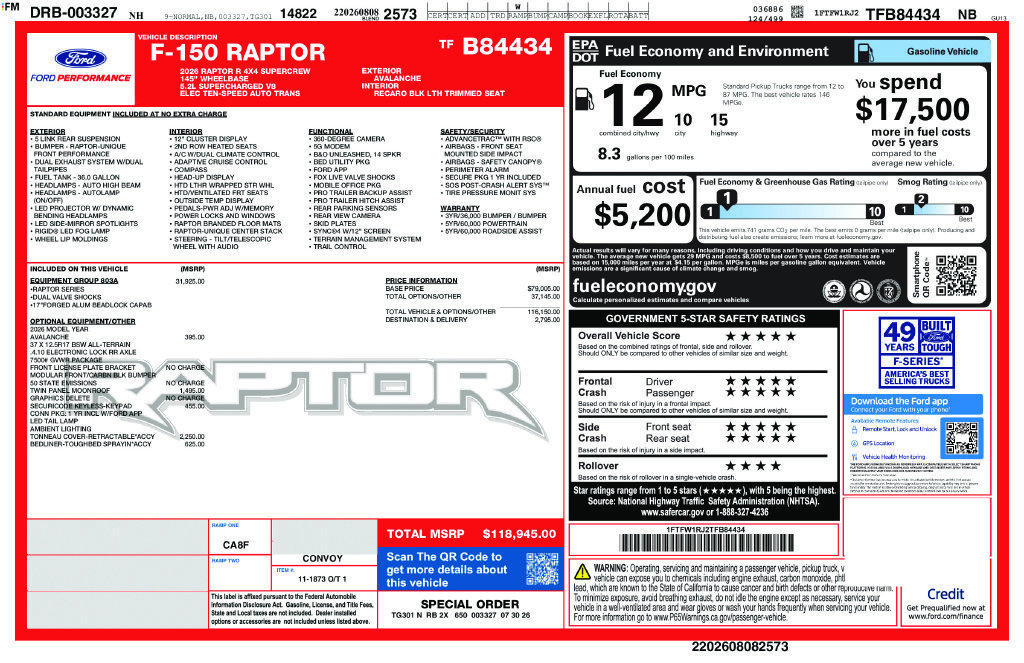 New 2026 Ford F150 Raptor w/ Equipment Group 803A Raptor R AWD/4WD image 13