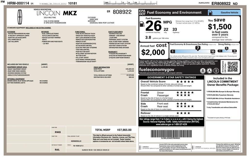 Used 2014 Lincoln MKZ w/ Equipment Group 101A Select FWD image 9