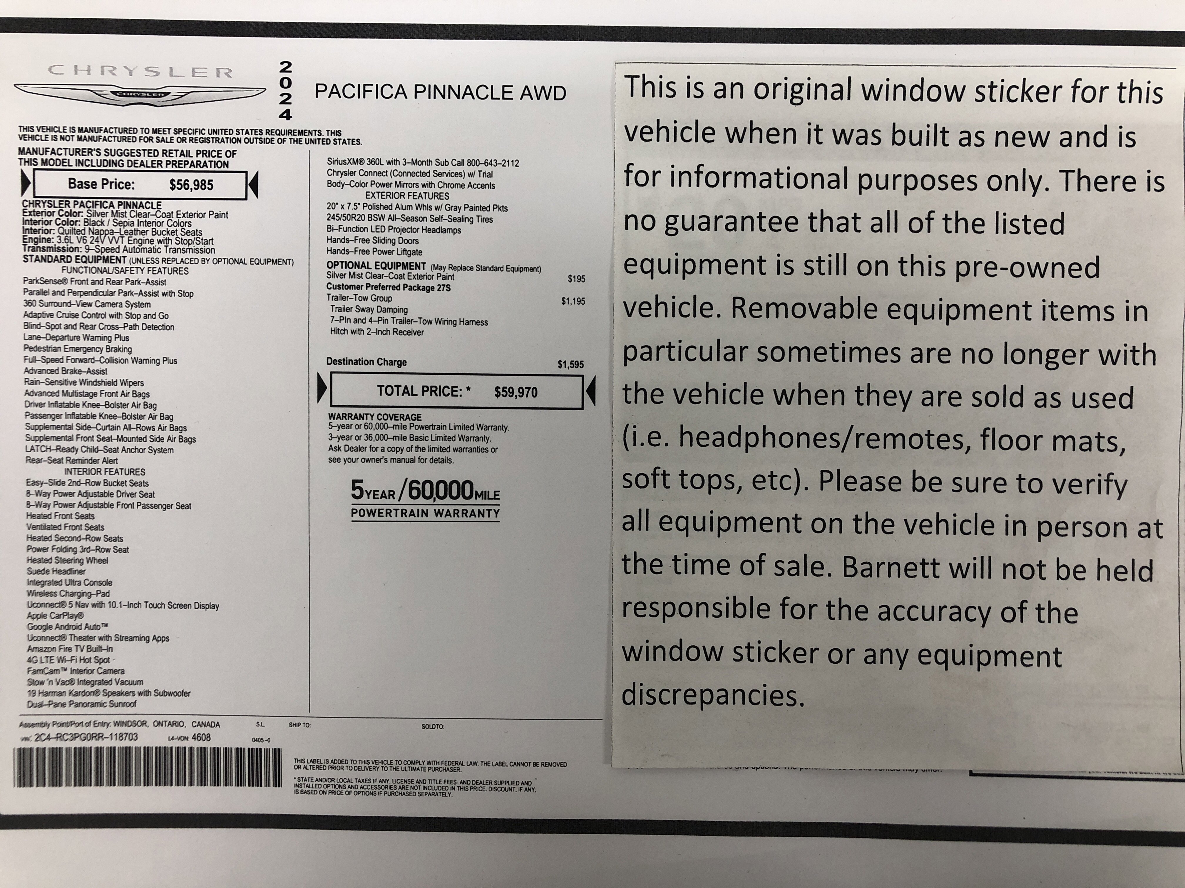 Certified 2024 Chrysler Pacifica Pinnacle w/ Trailer Tow Group AWD/4WD image 2