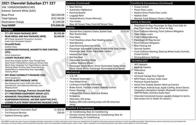 Certified 2021 Chevrolet Suburban Z71 w/ Z71 Off-Road Package AWD/4WD image 2