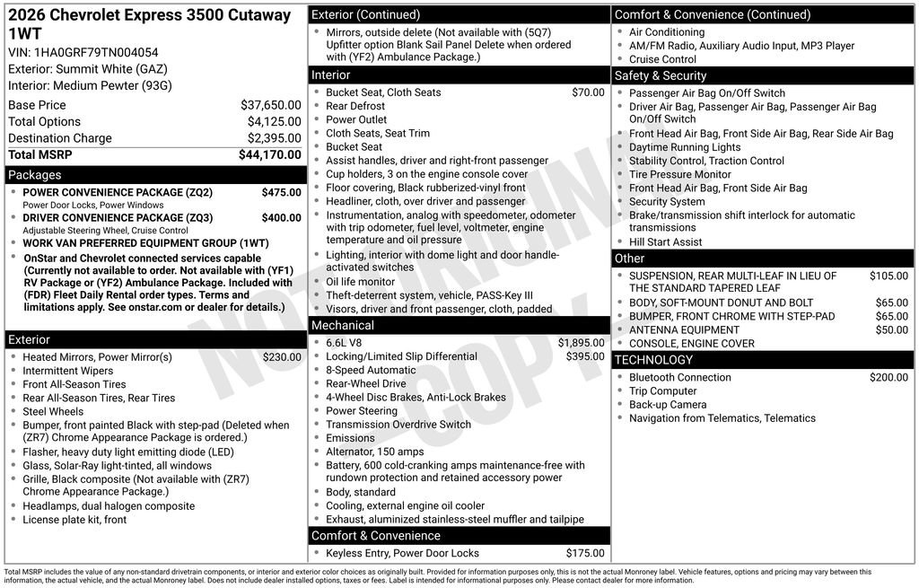 New 2026 Chevrolet Express 3500 w/ Power Convenience Package RWD image 11