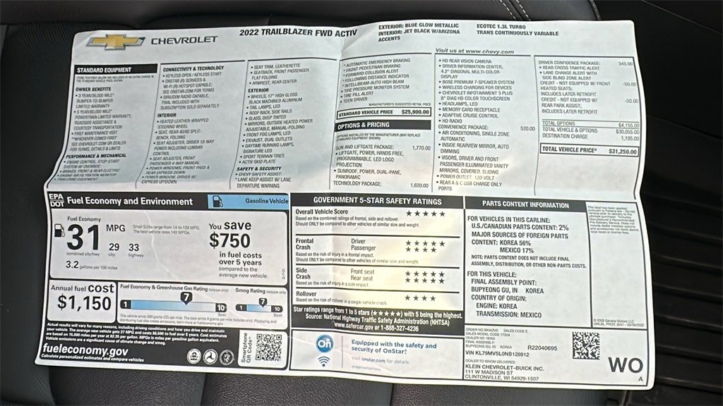 Certified 2022 Chevrolet TrailBlazer ACTIV w/ Sun and Liftgate Package image 32