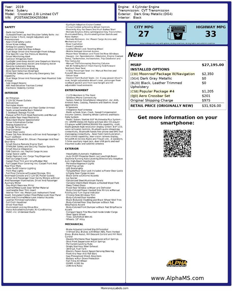 Used 2019 Subaru Crosstrek 2.0i Limited w/ Moonroof Package w/Navigation image 3