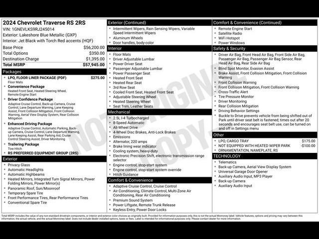 Certified 2024 Chevrolet Traverse RS w/ LPO, Floor Liner Package AWD/4WD image 33