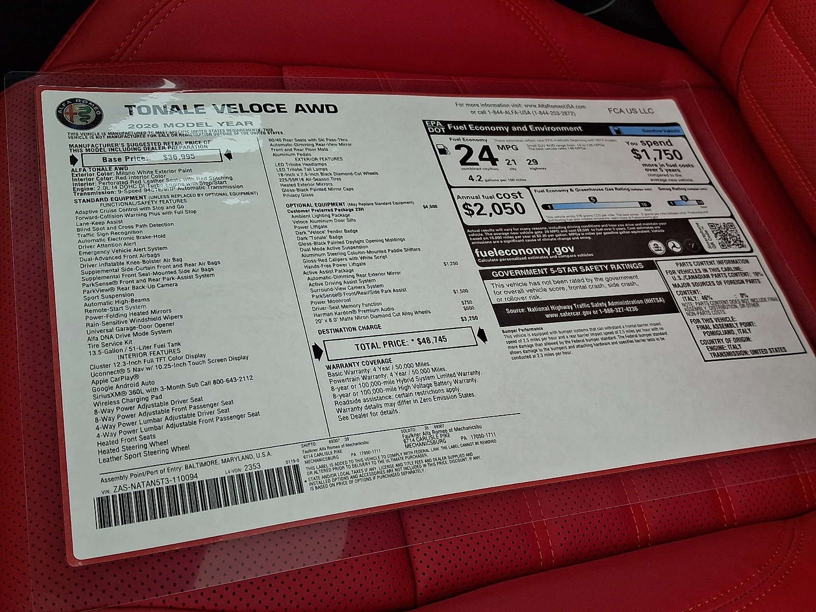 New 2026 Alfa Romeo Tonale Veloce w/ Quick Order Package 23H Volce image 11