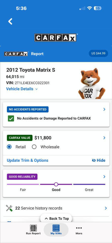 Used 2012 Toyota Matrix S image 2