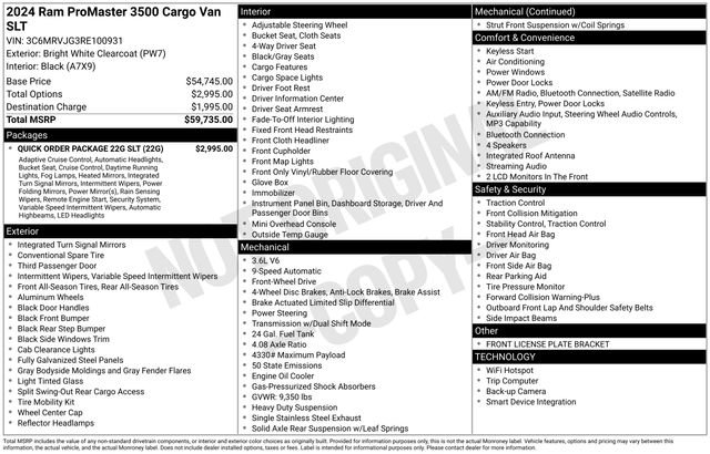 New 2024 RAM ProMaster 3500 w/ Quick Order Package 22G SLT image 4