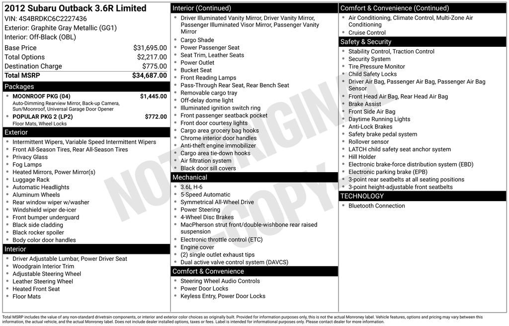 Used 2012 Subaru Outback 3.6R Limited w/ Moonroof Pkg image 6