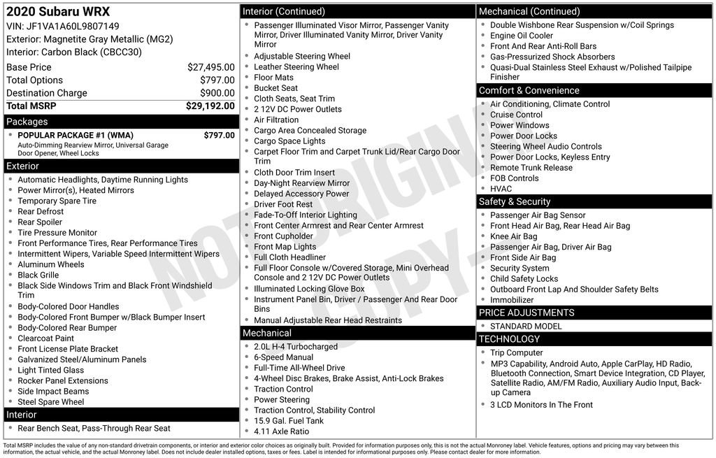 Used 2020 Subaru WRX w/ Popular Package #1 AWD/4WD image 6