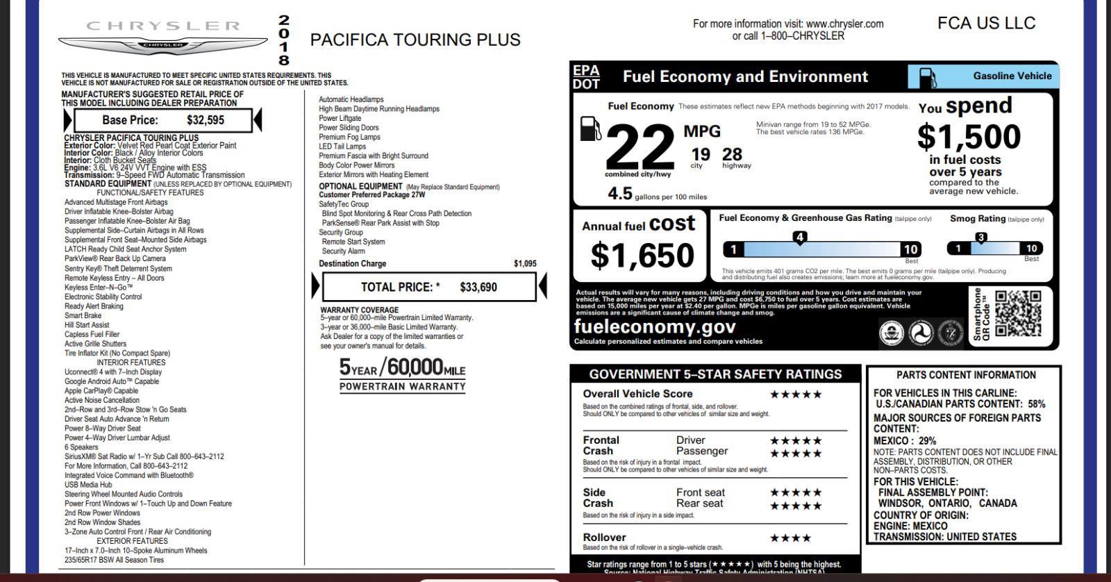 Used 2018 Chrysler Pacifica Touring Plus FWD image 4