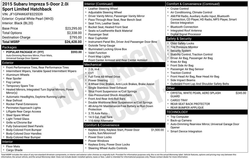 Used 2015 Subaru Impreza 2.0i Sport Limited w/ Popular Package #1 image 11