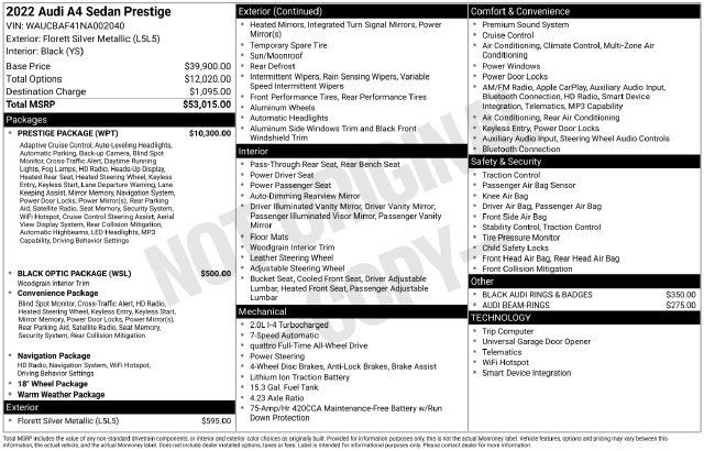 Used 2022 Audi A4 2.0T Prestige w/ Prestige Package AWD/4WD image 48