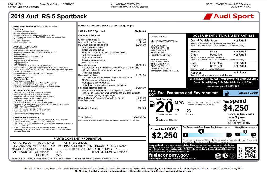 Used 2019 Audi RS 5 Sportback w/ RS Driver Assistance Package AWD/4WD image 5
