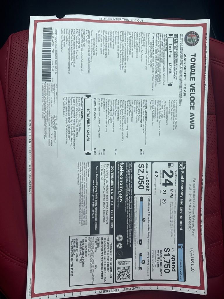 New 2026 Alfa Romeo Tonale w/ Quick Order Package 23H Volce AWD/4WD image 26