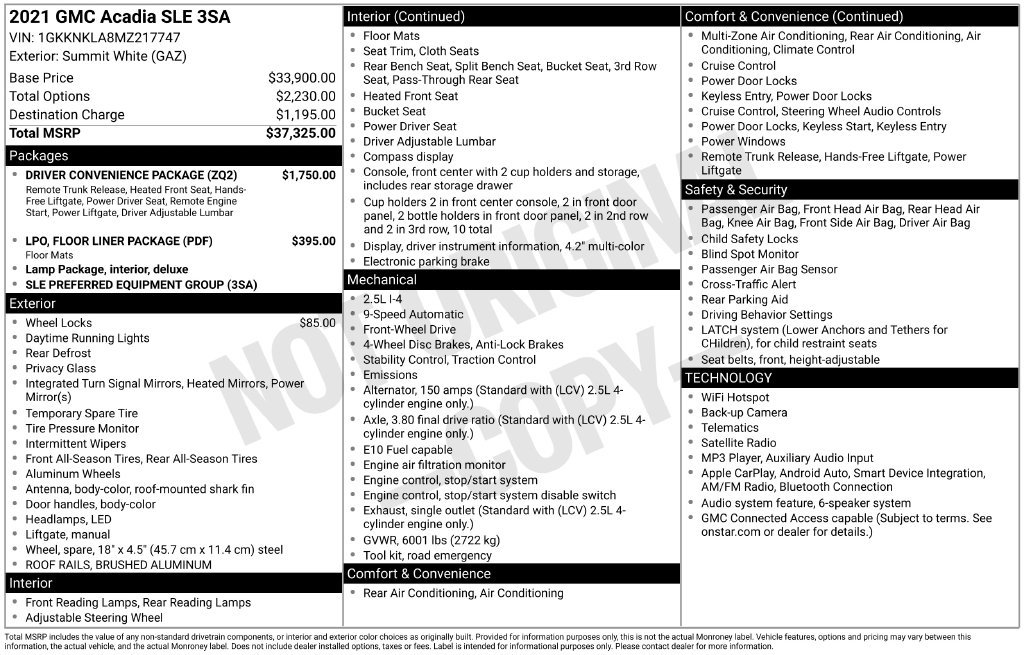 Used 2021 GMC Acadia SLE w/ Driver Convenience Package FWD image 6