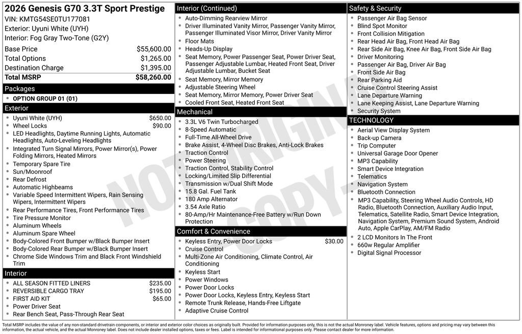 New 2026 Genesis G70 3.3T Sport Prestige AWD/4WD image 16