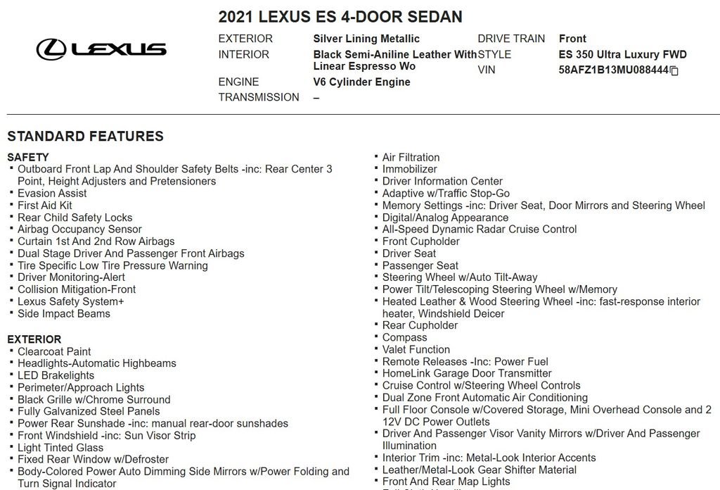 Used 2021 Lexus ES 350 Ultra Luxury w/ Accessory Package 2 image 17