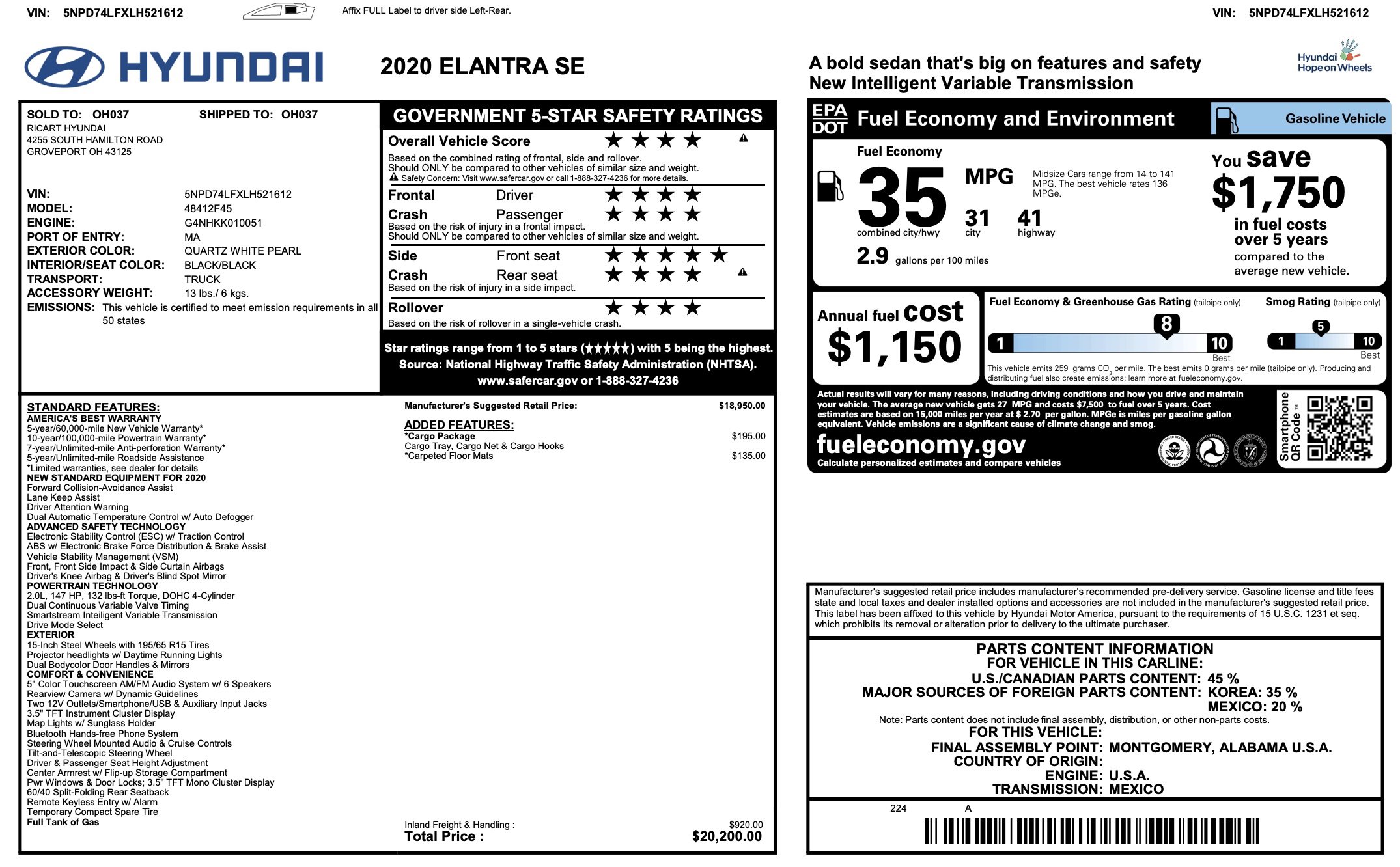 Used 2020 Hyundai Elantra SE w/ Cargo Package (C1) image 5