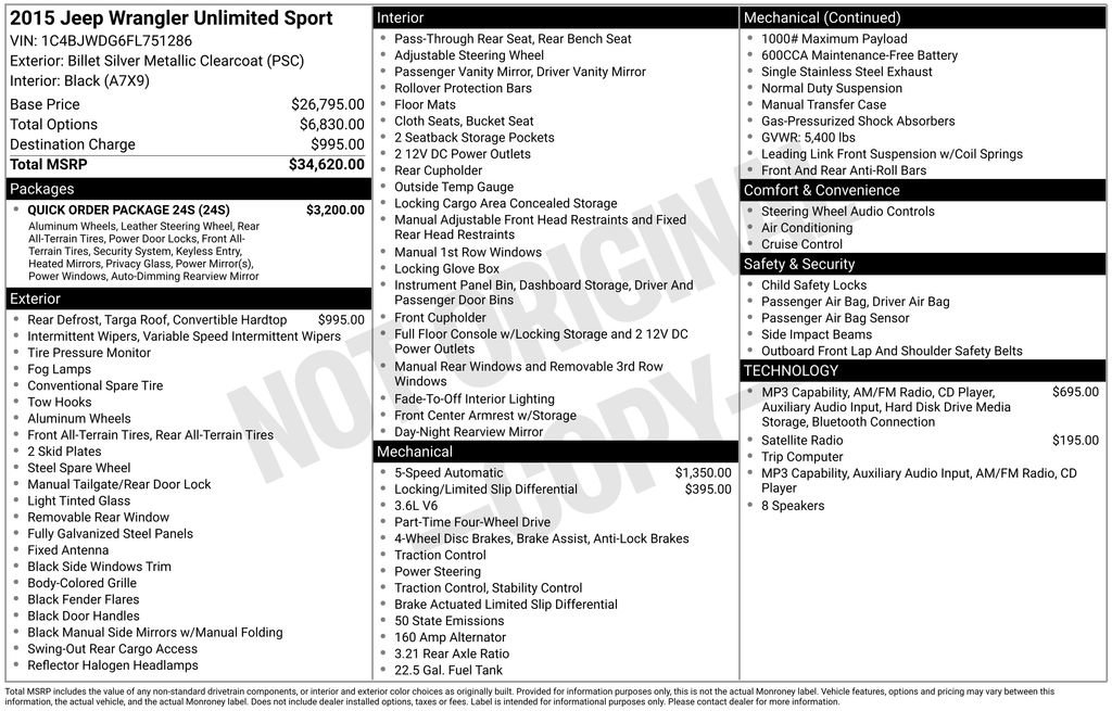 Used 2015 Jeep Wrangler Unlimited Sport w/ Quick Order Package 24S AWD/4WD image 38