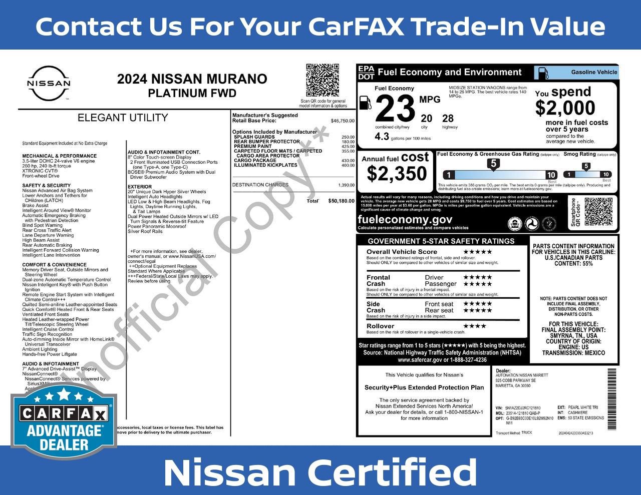 Certified 2024 Nissan Murano Platinum w/ Cargo Package FWD image 37
