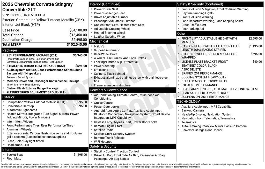 New 2026 Chevrolet Corvette Stingray Preferred Conv w/ Z51 Performance Package RWD image 24