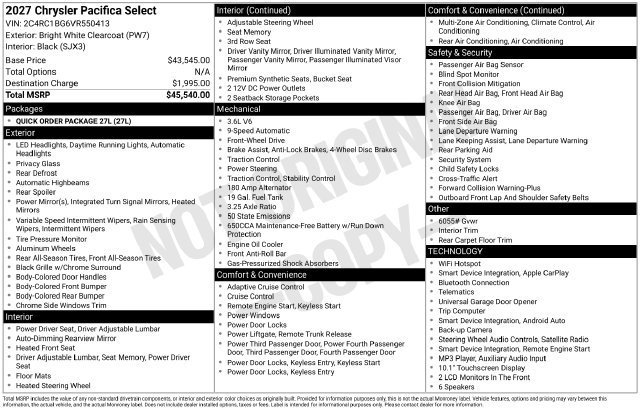 New 2027 Chrysler Pacifica Select FWD image 11