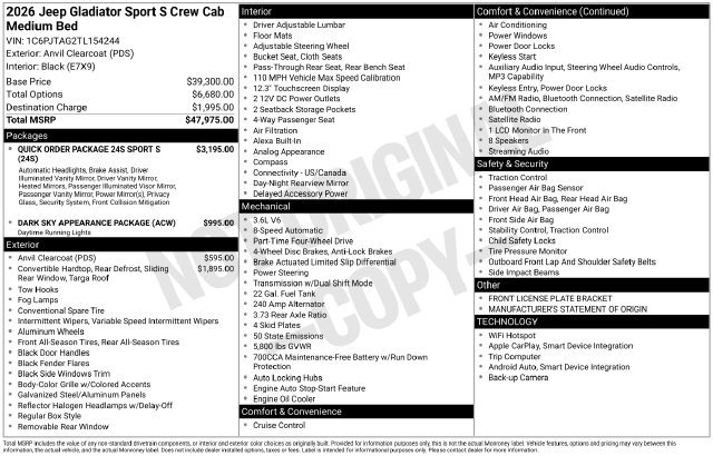 New 2026 Jeep Gladiator Sport AWD/4WD image 34