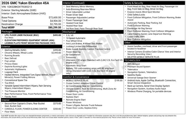 New 2026 GMC Yukon Elevation w/ LPO, Floor Liner Package AWD/4WD image 30