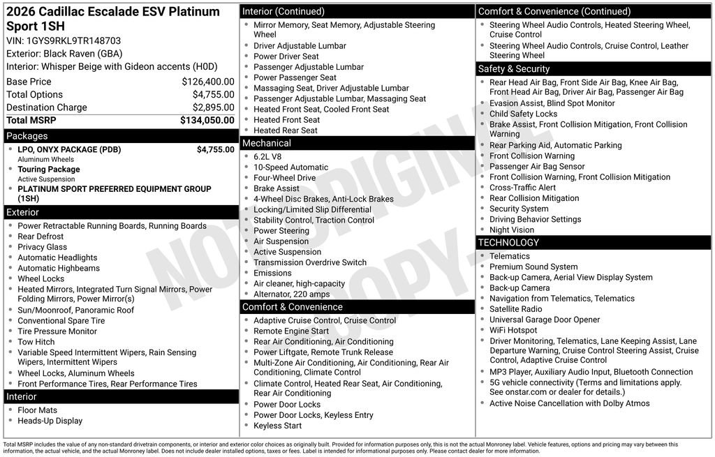Used 2026 Cadillac Escalade ESV Platinum Sport w/ LPO, ONYX Package AWD/4WD image 9