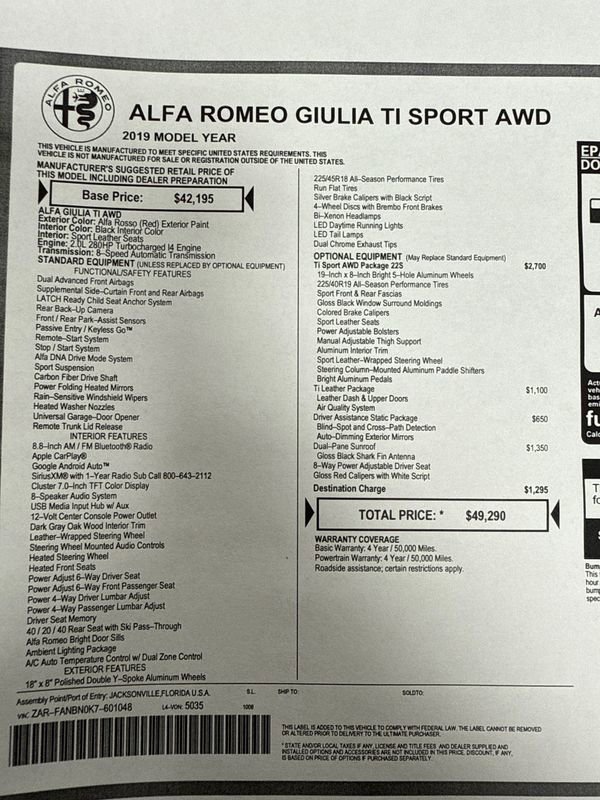 Used 2019 Alfa Romeo Giulia Ti Sport w/ Quick Order Package 22S Sport image 23