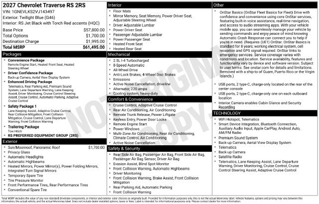 New 2027 Chevrolet Traverse RS AWD/4WD image 5