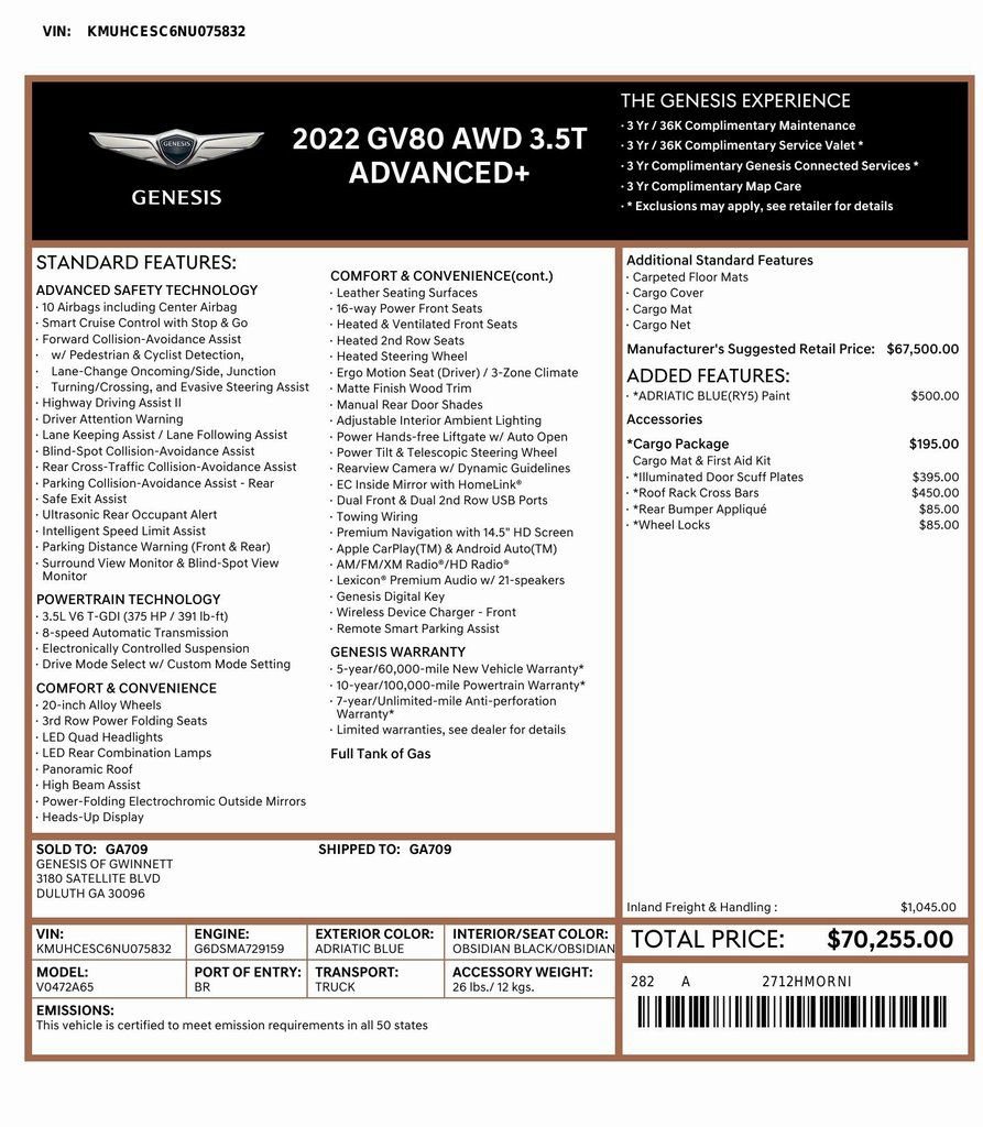 Used 2022 Genesis GV80 3.5T Advanced + w/ Cargo Package image 2