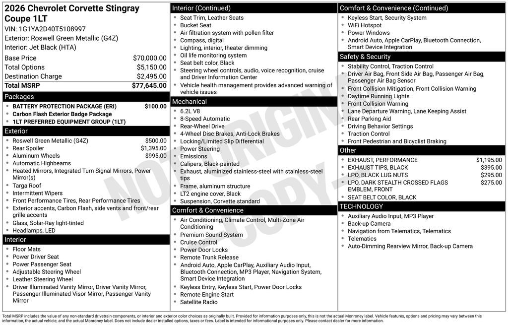 New 2026 Chevrolet Corvette Stingray w/ Battery Protection Package image 7