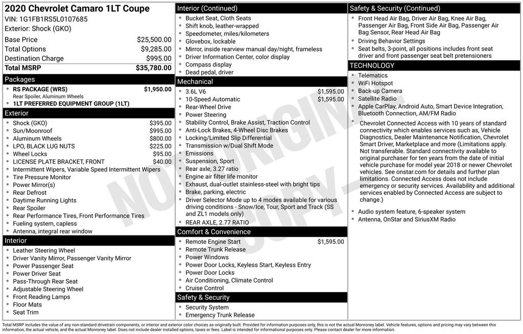 Certified 2020 Chevrolet Camaro LT w/ RS Package RWD image 11