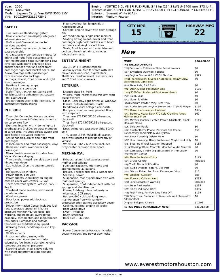 Used 2020 Chevrolet Express 3500 Extended w/ Driver Convenience Package RWD image 12