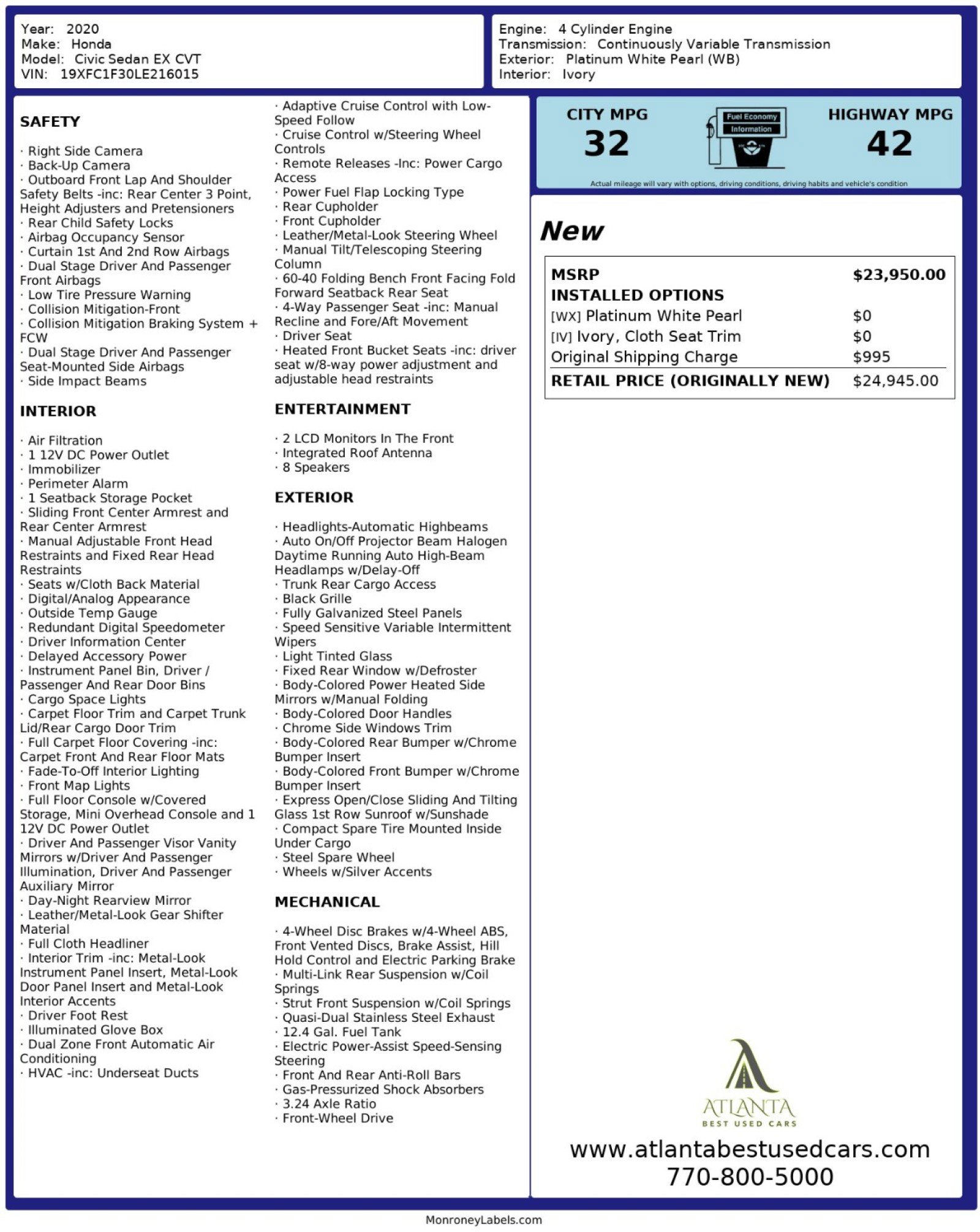 Used 2020 Honda Civic EX image 49