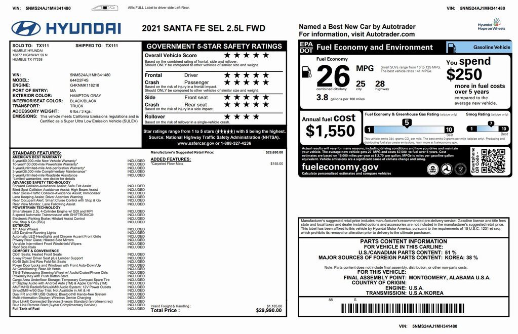 Certified 2021 Hyundai Santa Fe SEL image 3
