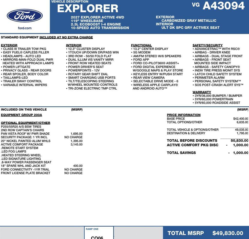 New 2027 Ford Explorer Active w/ Active Comfort Package AWD/4WD image 2