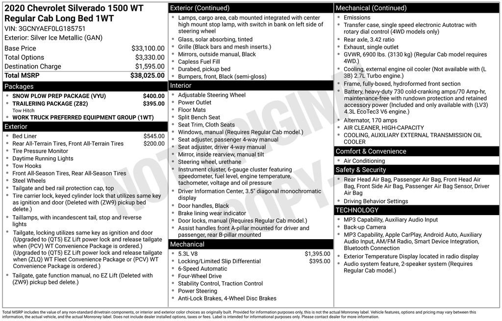 Used 2020 Chevrolet Silverado 1500 W/T w/ Snow Plow Prep Package AWD/4WD image 7